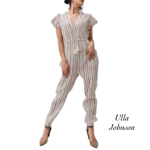 Ulla Johnson Elio Cream Metallic Stripe Tassel Ruffle Sleeve Jumpsuit Size 0 - Picture 1 of 10